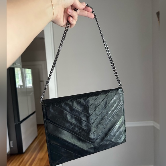 Pre Loved Yves Saint Laurent Chevron Envelope Clutch Leather Women Black Clutch - Picture 1 of 10